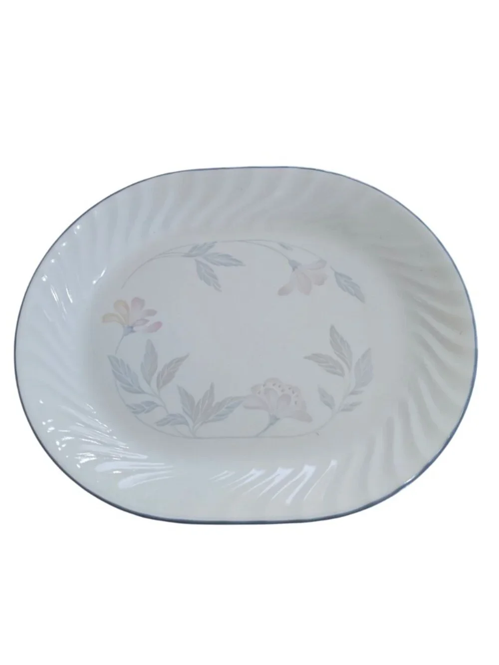 Corelle Pink Trio Platter 12" white blue band floral oval swirl on border - Picture 3 of 9